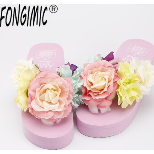 Summer Slippers Bohemia Flowers Woman Beach Flip Flops Summer Style Slides Resistant Slippers Platform Shoes Beach Slippers