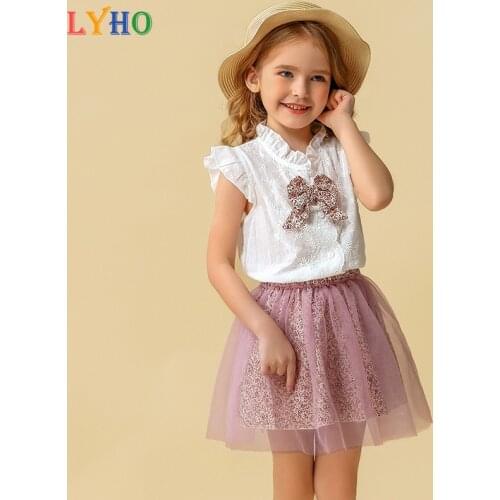 Summer Toddler Girls Tops Blouse T-shirt + Short Skirt 2Pcs Suit Floral Bow Girl Clothes Sets Baby Clothing Outfit Kids Costume