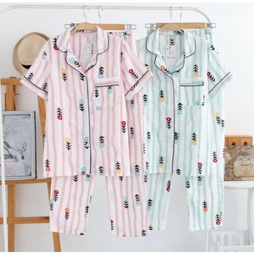 Summer Pajamas Set for Women Pure Cotton Gauze Vertical Flower Short Sleeve Trousers Sleepwear Ladies Fresh Comfortable Homewear