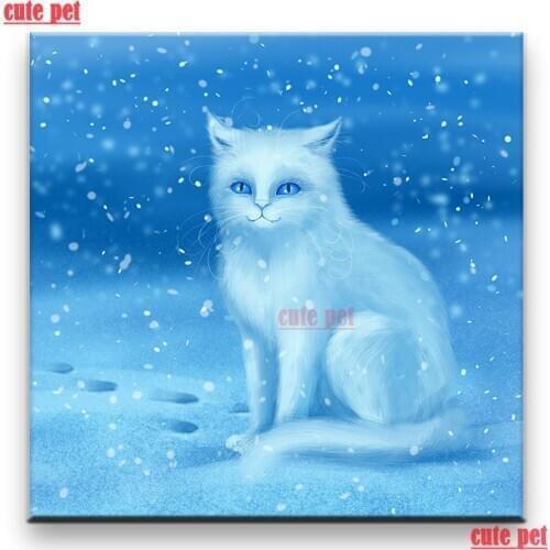 Cute pet DIY diamond painting White cat in the snow full diamond Embroidery Gift Square Diamond Round Diamond puzzle Decoration