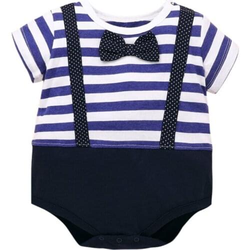 Newborn Kids One Piece Romper Summer Infant Boys Short Sleeve Stripe Bodysuit with Bow-Tie Gentleman Clothing Outfits 0-12M 2021