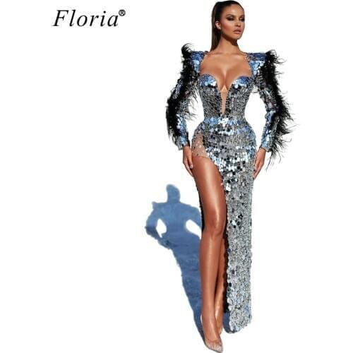New Arrival Bling Prom Dresses 2020 Long Sleeves Mermaid Cocktail Dresses Party Middle East Side Split Dress Evening Wear Robes