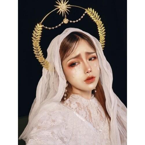 Lolita Apollo Sun Holy Virgin Halo Hairband Pope Golden Headdress Retro Props Photo Angel Hanfu Pearl Chain KC Hair hoop Cosplay