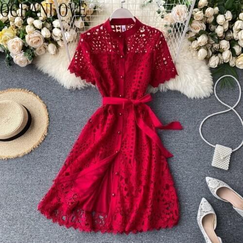 OCEANLOVE Solid Lace Evening Party Dress Solid Bandage Hollow Out Sexy Fashion Women Dress Bow High Waist Summer Dresses 16647