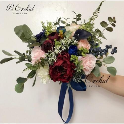 PEORCHID Romantic Burgundy Wedding Bouquets Pink Blue Rose Peonies Garden Bridal Flowers Bridesmaids Bouquets Boho Bouquet 2019
