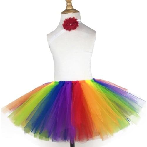 Girls Rainbow Tutu Skirt Baby Handmade Tulle Ballet Pettiskirts Tutus with Red Flower Hairbow Set Kids Party Costume Skirts