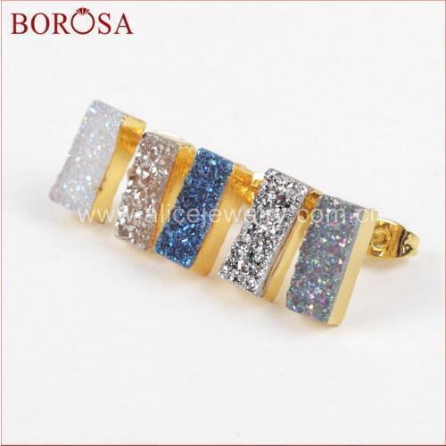 BOROSA Gold Color Rectangle Rainbow Drusy Stud Earrings,Fashion Druzy Earrings for Women Girls Gems Jewelry Party G1223