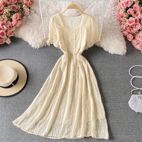 2021 Summer French Gentle Wind Puff Sleeve Square Neck Chiffon Dress Waist Waist Waist Thin White Skirt