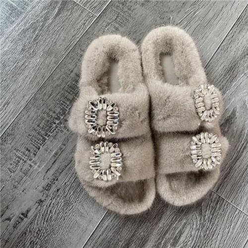Summer WomenS Slippers 100% Real Quality Mink Slippers Double Breasted Diamond Trim Anti Skid And Wear Resistant Sole