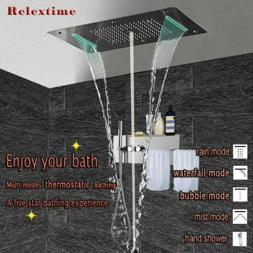 Relextime Bathroom Shower Faucets Concealed Thermostatic Shower Panel With Towel Shelf LED Ceiling Shower Head Rain Waterfall