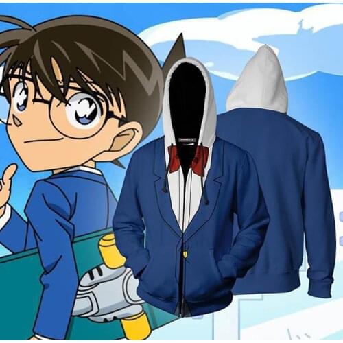 Men Boys Anime Detective Conan Cosplay Hoodie Zipper Hooded Sweatshirts Fashion Conan Clothes Jackets Tops Uniforms