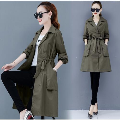 Spring Thin Windbreaker For Women Korean Slim Big Pocket Ladies Tops Autumn Medium Length Trench Coats Feminino Outerwear W46