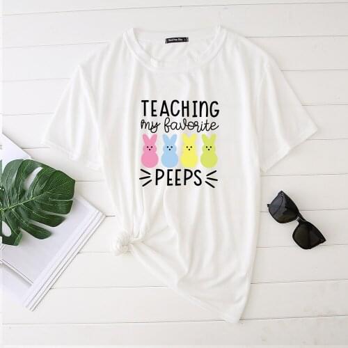 Teaching My Favorite Peeps Print Easter Woman Tshirts 2021 Tops for Women Casual Harajuku Shirt Short Sleeve Plus Size Clothing