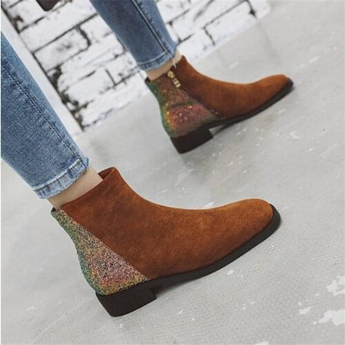 PXELENA Bling Sequined Women Winter Ankle Boots Low Heels Comfort Zip Suede Flock Chelsea Boots Female 2020 Black Wine Red 34-43