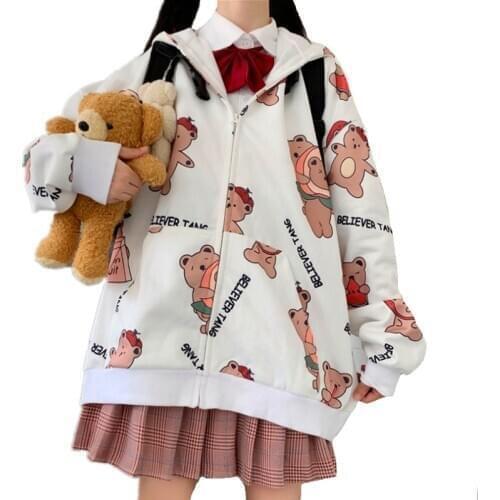 Zip-up Women Preppy Style Hoodies Kawaii Cartoon Bear Print Long Sleeve Oversized Hooded Sweatshirt Teenager Young Girls Outwear