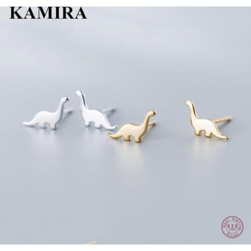 KAMIRA 925 Sterling Silver Trendy Unique Charms Smooth Dinosaur Stud Earrings for Women Kids Birthday Pierced Enamel Jewelry Ins