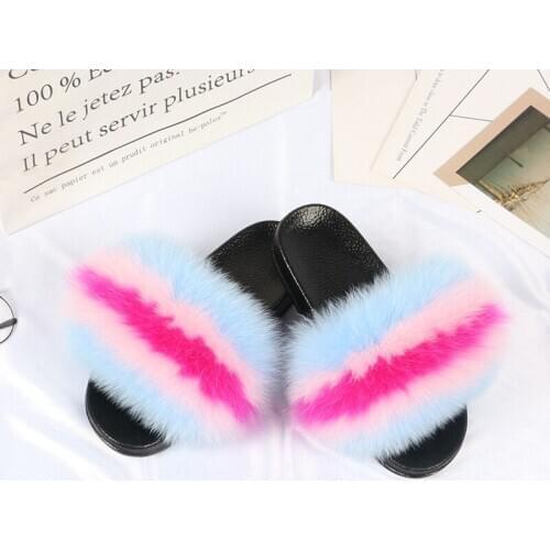 Womens Real Fox Fur Slipper Ladies Summer Beach Sandals Women Furry Beach Flip Flop Fluffy Slides Female Outdoor Fur Shoes