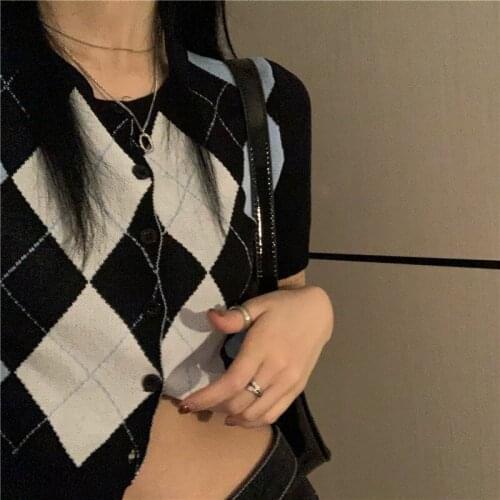 Retro Argyle Knitted Cardigan Womens Summer 2021 U-neck Fashion Loose Preppy Style Single Breasted Causal V-neck knitwear