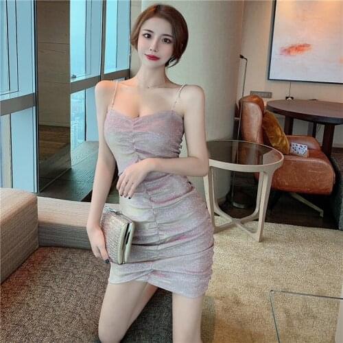 Woman Dress 2021 Summer New Party Dress Rhinestone Glitter Sparkling Pleated Sexy Suspender Dress Female Sling Bag Hip Dresses