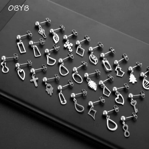 5PC Stainless Steel Fine Needle Stud Earring Ball Cross Feather Fatima Hand Geometry Pendant Earrings For Women/Man Punk Jewelry