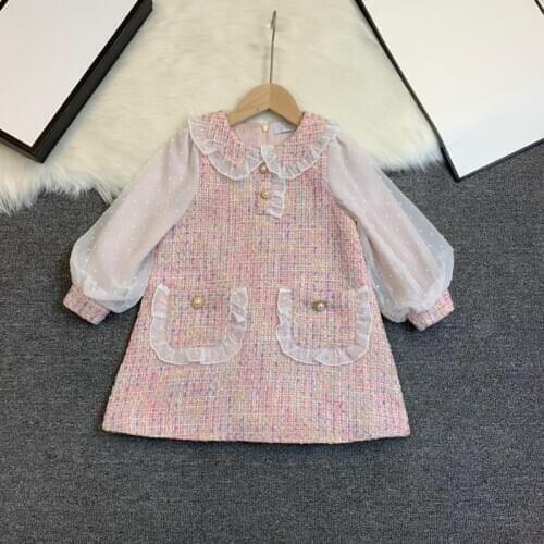 And the United Europe States childrens wear the new autumn 2021 Long sleeve doll collar buttons Baby girls fashion tweed dress