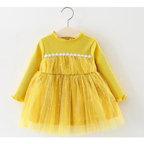 2019 Baby autumn Dress Kids girls new fashion long sleeve patchwork flowers mesh cotton princess Dress 1-2 Years