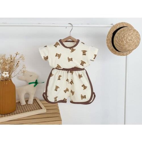 Little Boys Girls Leisure Wear Toddlers Summer Creative Cartoon Little Bear Printing Round Collar Short Sleeve Tops+Shorts Sets