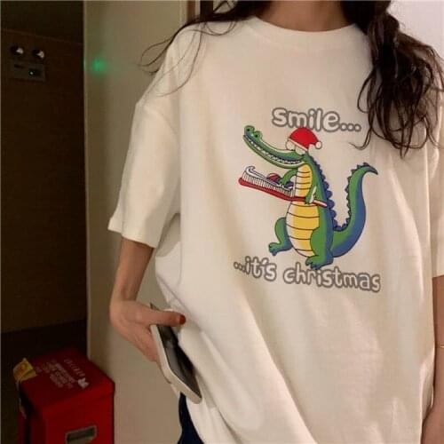 Summer Women Cotton T-Shirt Fashion Casual Top Tees Funny Print Cartoon Crocodile Basic Short Sleeve O-Neck Shirts for Women