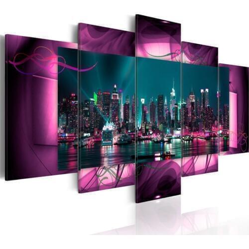 Modern Painting Canvas Wall Art Prosperous Manhattan City Night Landscape Living Room Home Decor Picture Purple Background Decor