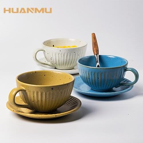 Coffee Cup And Saucer Set Retro Solid Color Ceramics Yellow Blue White English Afternoon Dessert Breakfast Milk Cafe With Dish