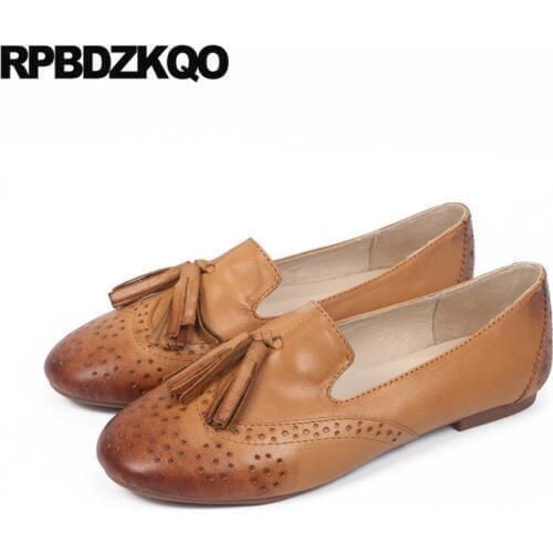 Patent leather large size 41 brown tassel fringe japanese school shallow loafers vintage women oxfords shoes flats blue brogue