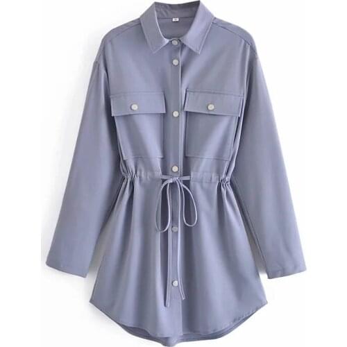 Merodi 2021 Za Fashion Double Pockets Drawstring Waist Gray-Blue Long Jackets Women Casual Single Breasted Safari Style Outwear