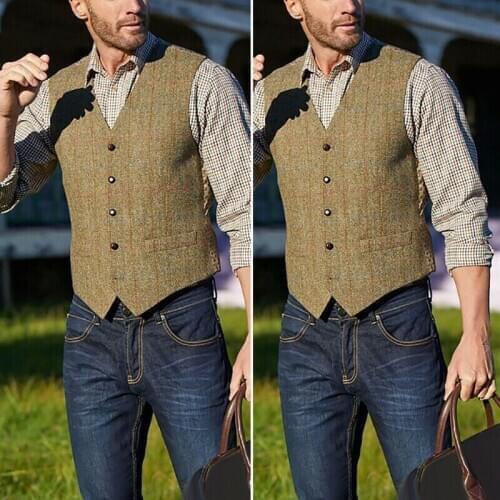 Mens Vest Tops Casual Vintage Wool Blend Tweed Collared Retro Lapel Waistcoatsolid Color Fashion 2020 Hot New All-Match