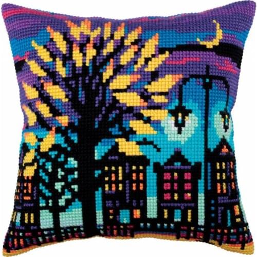 DIY Cross Stitch Cushion Front Night City Needlepoint Kits Printed Canvas Chunky Yarn Cross-stitch Pillow Case Art and Crafts