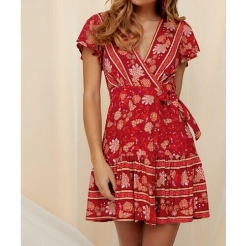 Holiday beach dresses printing V-neck high waist lace up casual lady Pleated dress 2020 summer new vestidos wm