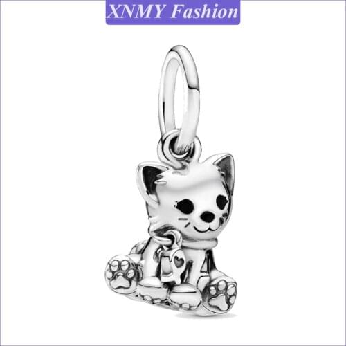 XNMY New Original Silver Color Cute Animal Kitty Cat Dangle Charm Fit European Pandora Charms Bracelet Bangles Diy Jewelry