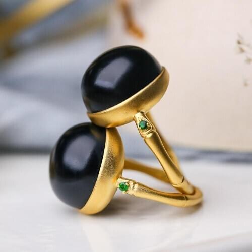 Natural Hetian black jade round bead opening adjustable ring Chinese retro elegant bamboo charm womens silver jewelry