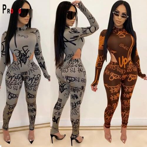 Prowow Women Clothing Set Spring Fall Bodycon Outfits Letter Print Bodysuit Pant 2pcs Suits for Lady Fashion Female Streetwear