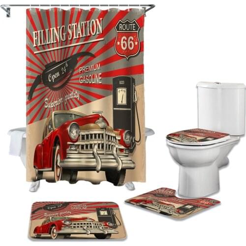 Retro Car Poster Route 66 Shower Curtain Sets Non-Slip Rugs Toilet Lid Cover and Bath Mat Waterproof Bathroom Curtains