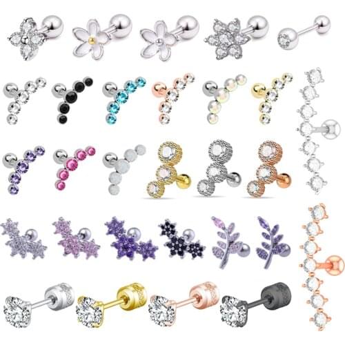 1PC Cartilage Earring for Women Stainless Steel Crystal CZ Flower Helix Ear Studs Punk Ear Piercing 16G Tragus Conch Bar Jewelry