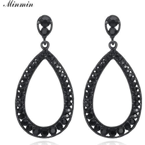Minmin Vintage Large Black Teardrop Crystal Earrings for Women Unique Rhinestone Long Dangle Earrings Fashion Jewelry 2019 EH940