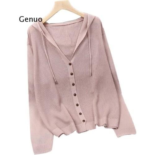 Knitted Sweater Cardigan Jacket Summer New Long sleeve V-neck Ice silk knitt Hooded Thin Coat Outerwear Sun Protection Clothing