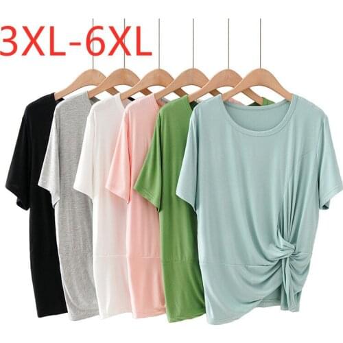 New 2021 Ladies Summer Plus Size Tops For Women Large Short Sleeve Slim Modal Elastic Fold Blue O-neck T-Shirt 3XL 4XL 5XL 6XL