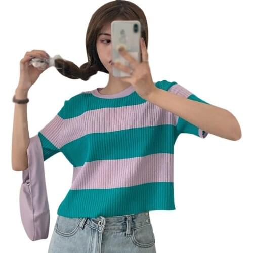 Womens Korean Style Casual O Neck Tee Shirt Colorful Striped Short Sleeve Slim Knitted T-Shirt Tops