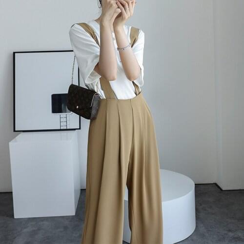 Johnature Fashion New Full Length Women Jumpsuits 2021 Summer Casual Strap Loose Elastic Waist Pockets Female Bodysuits