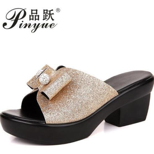 Woman slippers new summer thick high heel shoes diamond bow tie comfortbale soft female slippers size 35--41