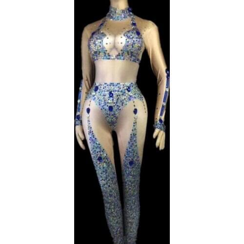 Women Birthday Celebrate Nightclub DJ Dance Costume Colorful Rhinestones Sexy Bodysuit Female Singer Perspective Jumpsuits