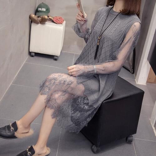 Large Size Womens Spring Clothing 2020 New Style Dress Female Fashion Lace Patchwork Knit Dresses Casual Loose Vestidos R142