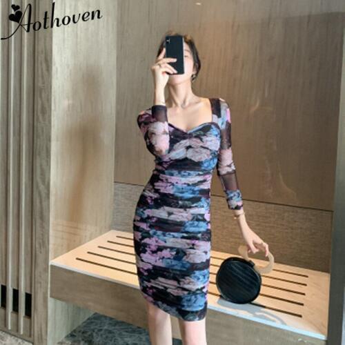 2020 Autumn Vintage Bandage Print Draped Dress Women Long Sleeve Square Collar Mesh Dress Vintage Sexy Party Dresses Vestidos