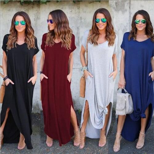 2021 New Summer Women Casual Loose Pocket Long Dress Vintage V-Neck Short Sleeve Long Dress Solid Femme T Shirt Maxi Dresses